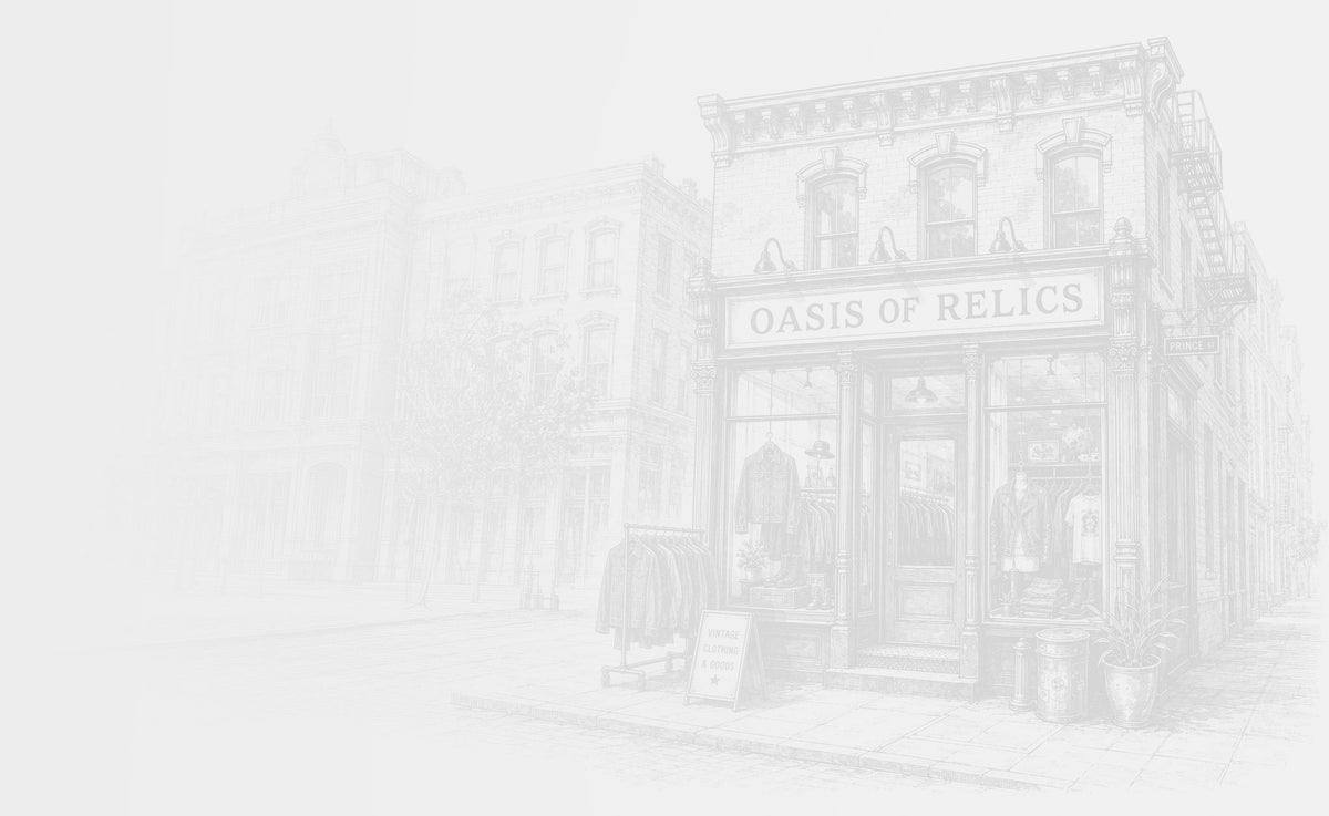 Pencil-style illustration of the future Oasis of Relics vintage storefront on a city corner.